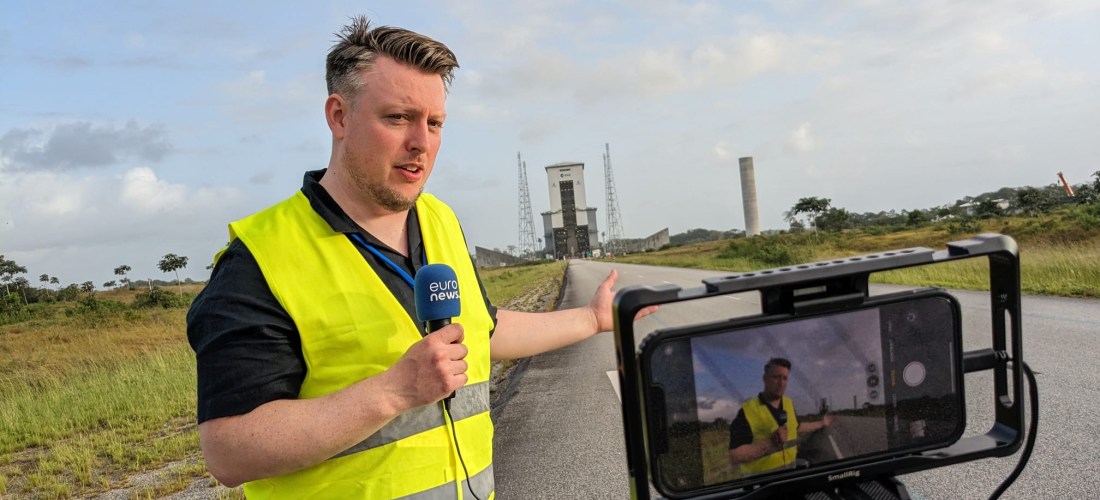David Walsh filming a piece to camera for Euronews at the European Spaceport in French Guiana.